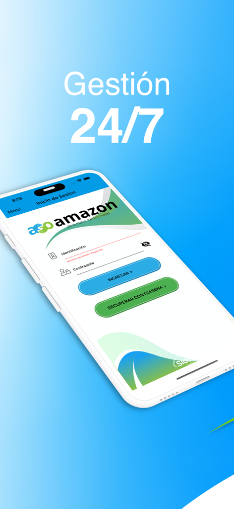 ログインフォームと24時間管理のテキストが表示された、Amazon従業員向けASOAMAZONモバイルアプリのログイン画面。