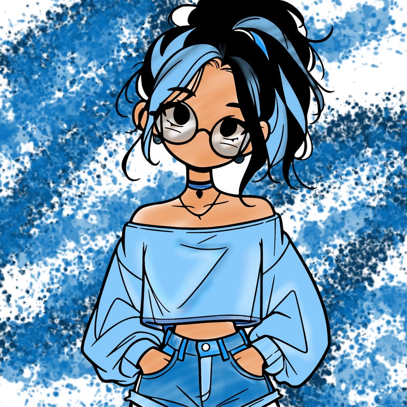 girl with a messy ponytail glasses a baggy crop top and jean shorts