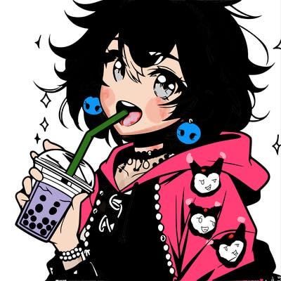 hot baddie anime girl drinking boba and biting the straw