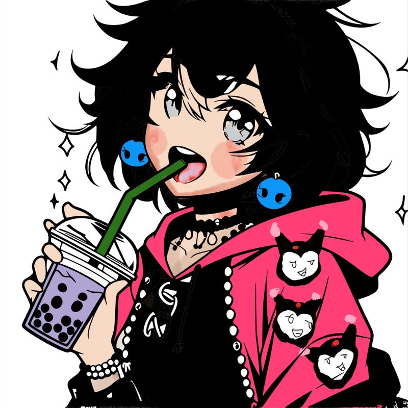 hot baddie anime girl drinking boba and biting the straw