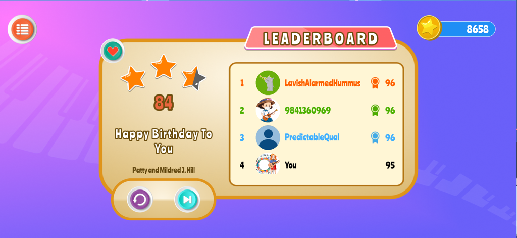 Piano Flow - Music Game - Leaderboard screen in Piano Flow music game showing global rankings and high scores for a song.