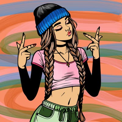 realistic teenage girl with braids and a beanie and crop top doing 🫶🏼