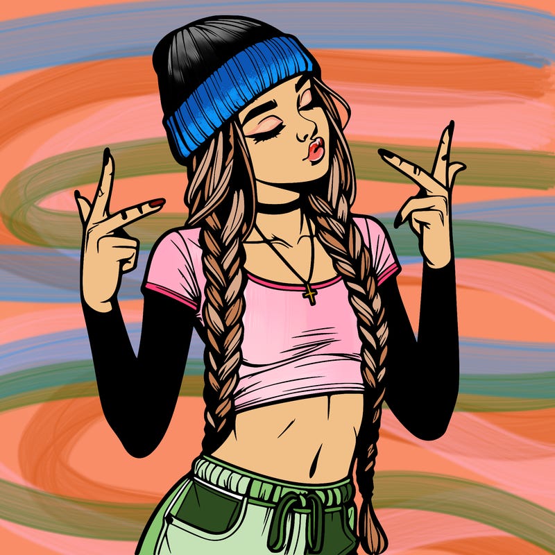 realistic teenage girl with braids and a beanie and crop top doing 🫶🏼