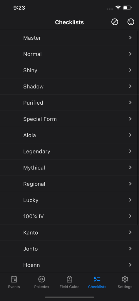 Screenshot of the GO Field Guide app showing a list of collection checklists including Shiny Shadow Legendary and Regional categories
