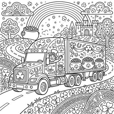 Get ready for an epic St. Patrick's Day adventure with this charming coloring page featuring a festive truck. Join the leprechauns as they deliver pots of gold through a landscape bursting with Irish luck and magic.