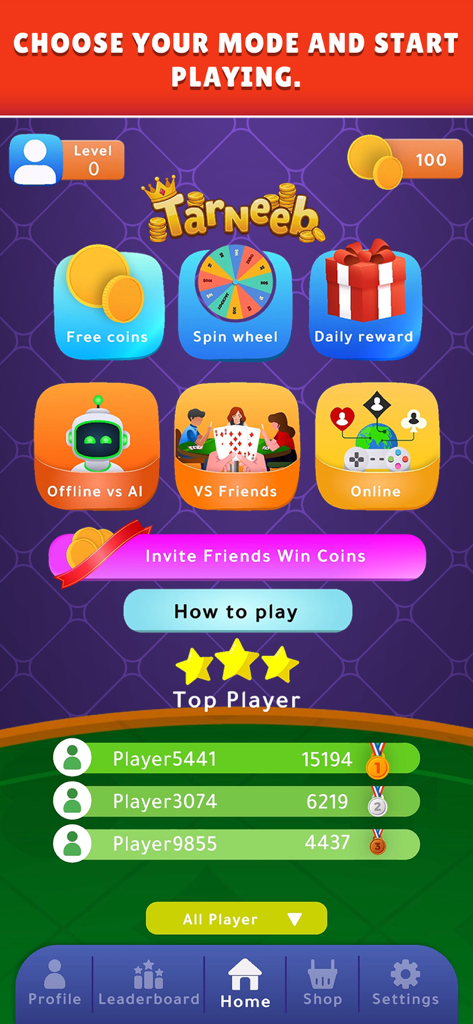 Tarneeb Online - Tarneeb Online home screen showing game modes including Offline vs AI, VS Friends, and Online play plus a top player leaderboard.
