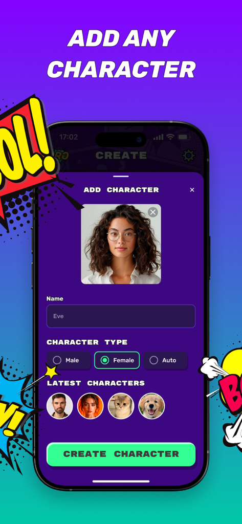 ComiX: AI Comics Book Maker - Interface of the ComiX app showing how users can add characters by uploading photos and selecting types like male or female for their AI comic book