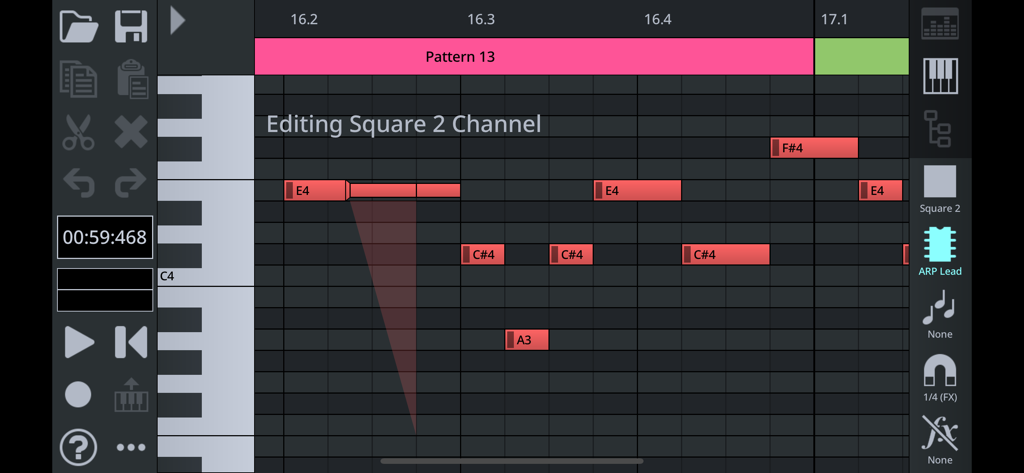 FamiStudio - FamiStudio piano roll interface showing 8-bit music note editing for the Square 2 channel