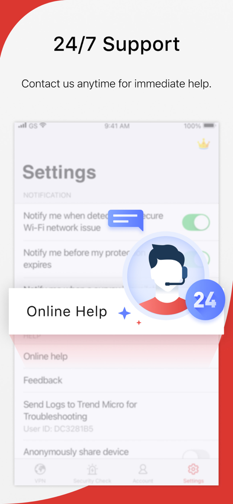 Trend Micro VPN app interface showing 24/7 customer support and online help options