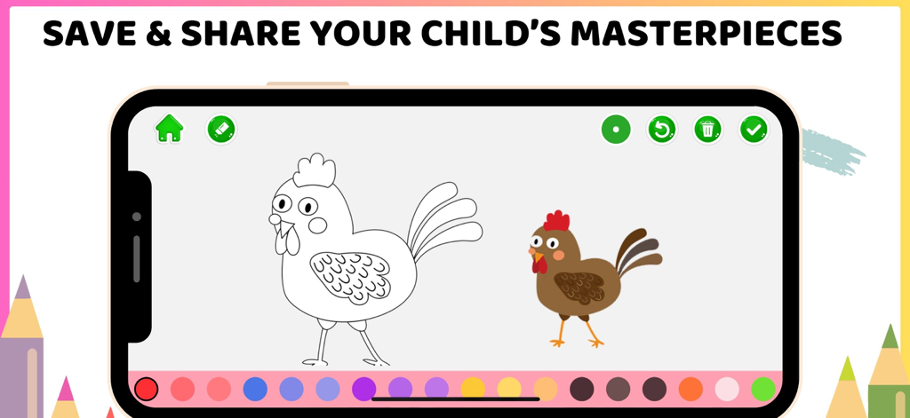 Easy Drawing & Painting - Eine Malspiel-Oberfläche für Kinder mit einer Hühnerillustration und einer Farbpalette zum Speichern und Teilen von Kunstwerken