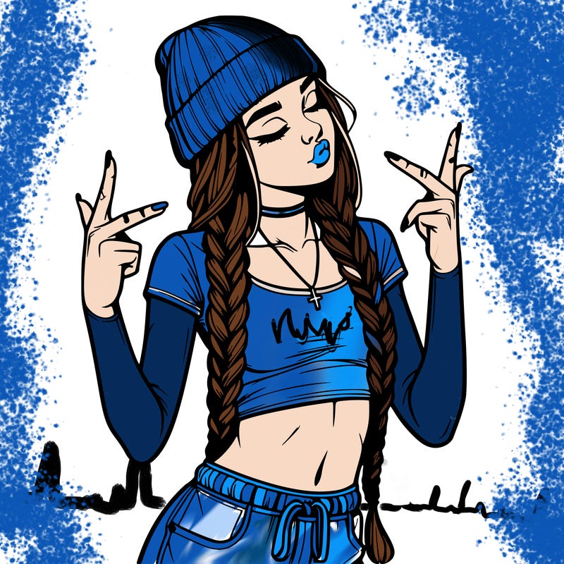 realistic teenage girl with braids and a beanie and crop top doing 🫶🏼