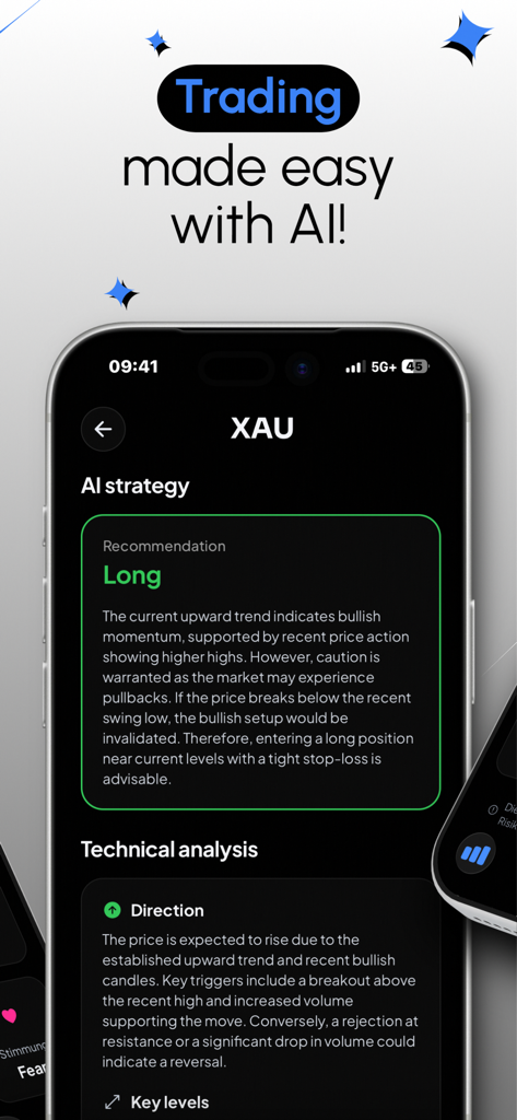 TradeLens: Chart Analysis - TradeLens app interface displaying AI trading strategy and technical analysis for XAU gold