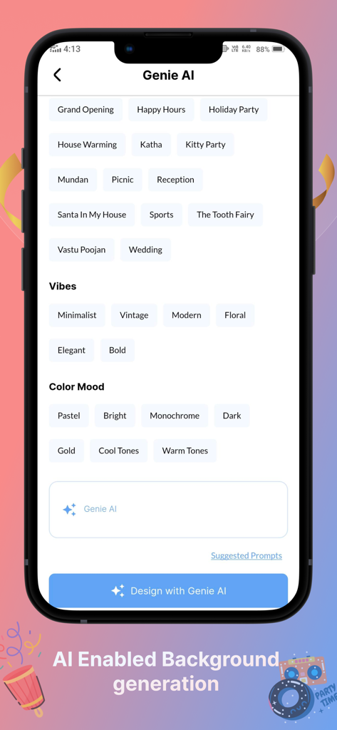 Invitation Design & Card Maker - CardGenie app interface for AI powered invitation background generation