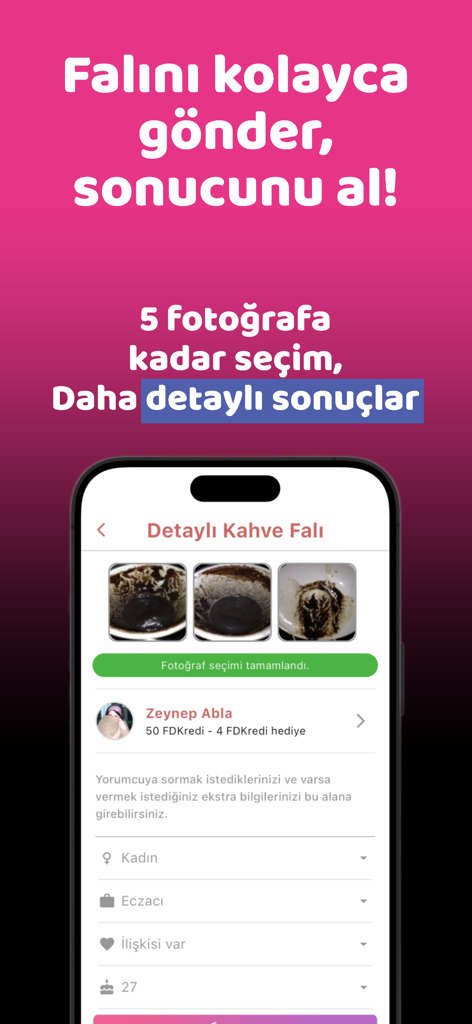 Fal Diyarı - Kahve Falı - Interface de l'application Fal Diyari pour télécharger des photos de tasses à café et obtenir une prédiction détaillée.