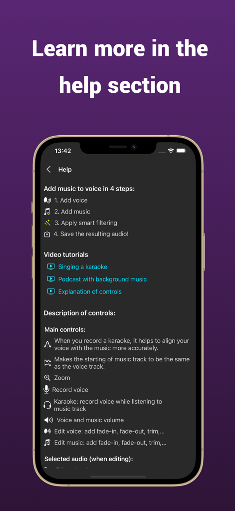Add Music To Voice - Help section of the Add Music To Voice app showing tutorials and control descriptions.