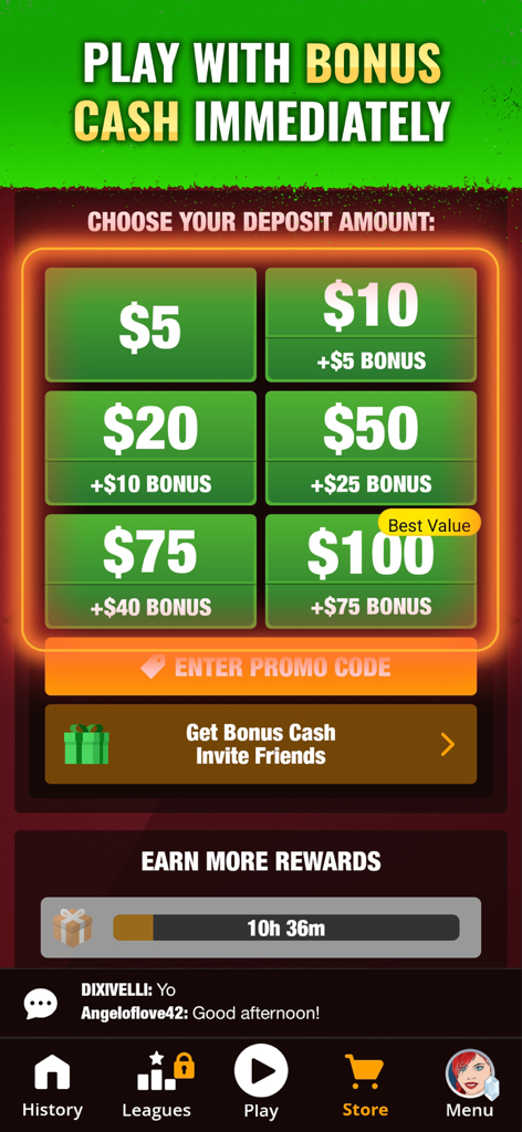 Store screen in Dominoes Gold app showing cash deposit options and bonus rewards