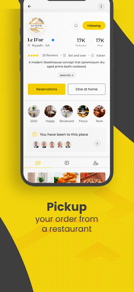 Eine Restaurantprofilseite in der MyTable-App, die Buchungs- und Abholoptionen anzeigt