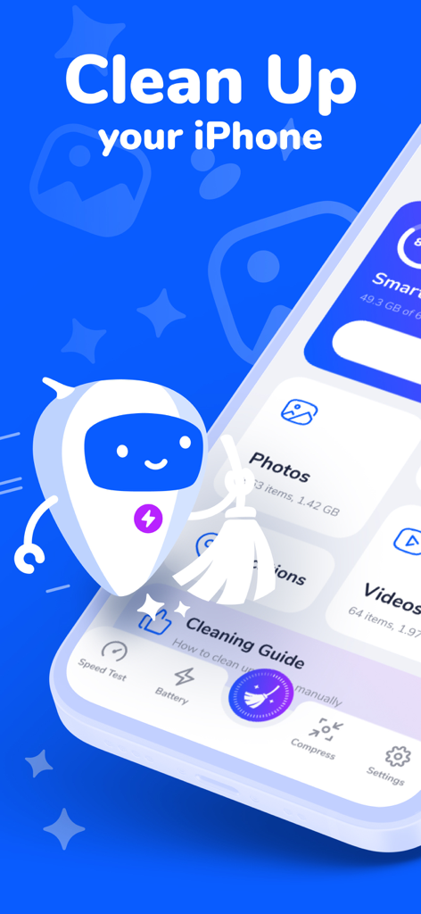Interfaz de la aplicación Smart Cleaner que muestra una mascota robot barriendo y opciones para limpiar el almacenamiento del iPhone