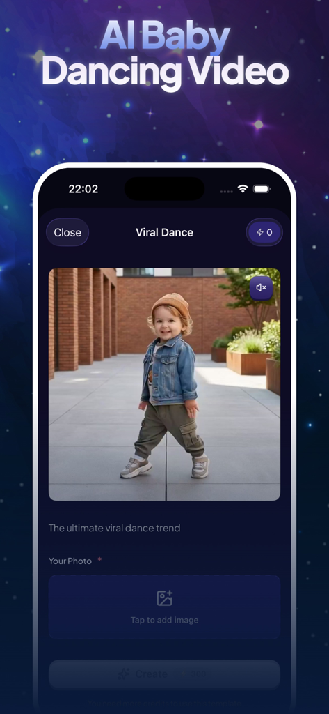 AI Video Generator: Vidzy - Interface of Vidzy AI video generator app displaying a viral dance template for an AI baby dancing video.