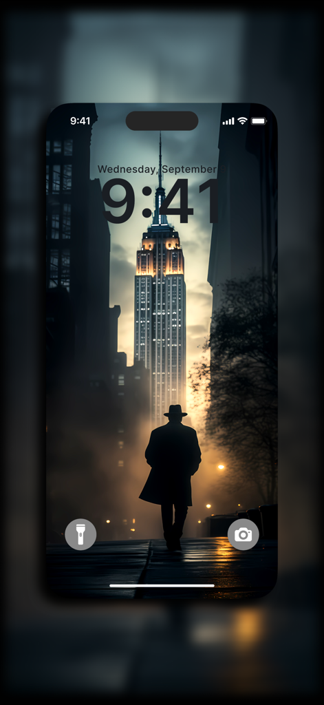 Schermata di blocco dell'iPhone con uno sfondo cinematografico 4K di una silhouette che cammina verso l'Empire State Building