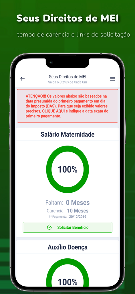 Total MEI: Serviços, DAS Fácil - Interface do aplicativo Total MEI exibindo o status de elegibilidade para benefícios de maternidade e doença.
