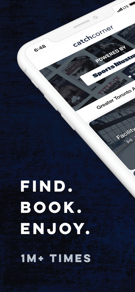 CatchCorner by SI - A smartphone displaying the CatchCorner by Sports Illustrated app home screen with the slogan Find Book Enjoy.