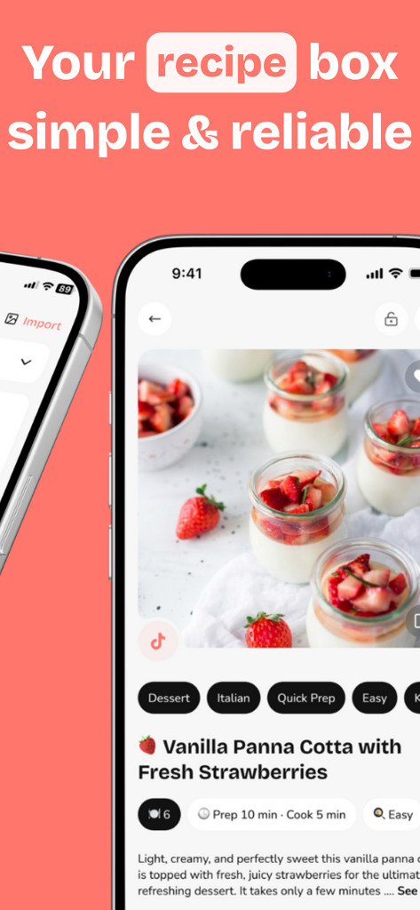 Recipy app displaying a Vanilla Panna Cotta recipe with preparation details and a TikTok import icon