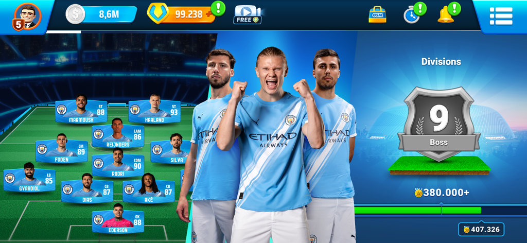 Online Soccer Manager (OSM) - Spieloberfläche von Online Soccer Manager, die die Kaderformation und Spieler von Manchester City wie Haaland zeigt
