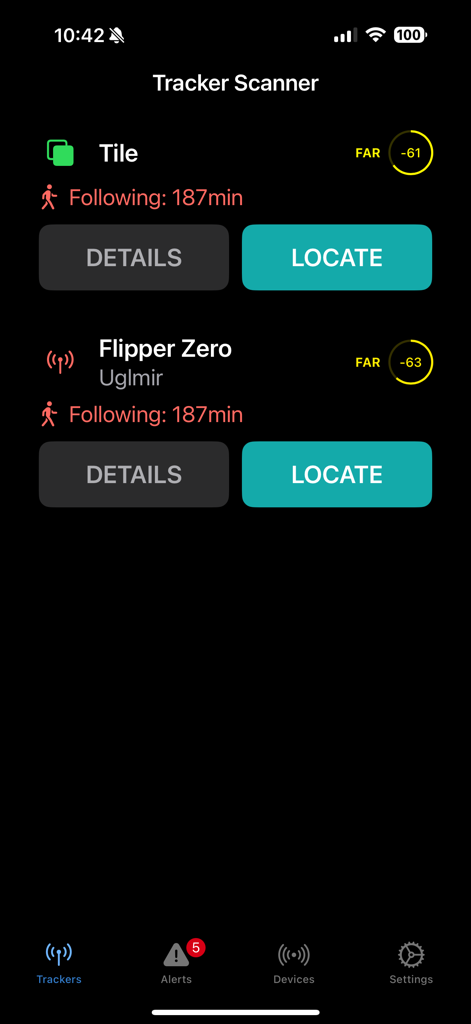 Tracker Detector - Tracker Detector app interface showing detected Bluetooth tracking devices like Tile and Flipper Zero with signal strength and following time