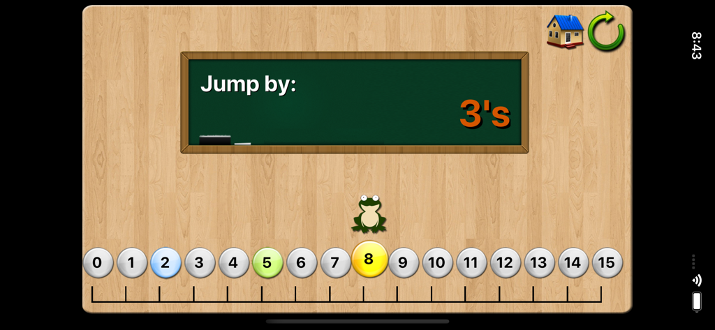 Number Lines School Edition - Screenshot of the Number Lines School Edition app showing a frog skip counting by 3s on a number line
