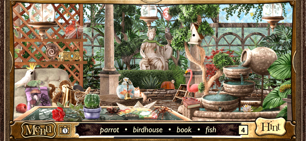 Hidden Objects Sherlock Holmes - A detailed hidden object game screen showing a Victorian conservatory filled with plants and antiques with a word list at the bottom