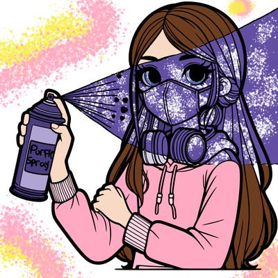 a girl wearing a mask, holding a can of spray paint with spray paint on her clothes and long hair