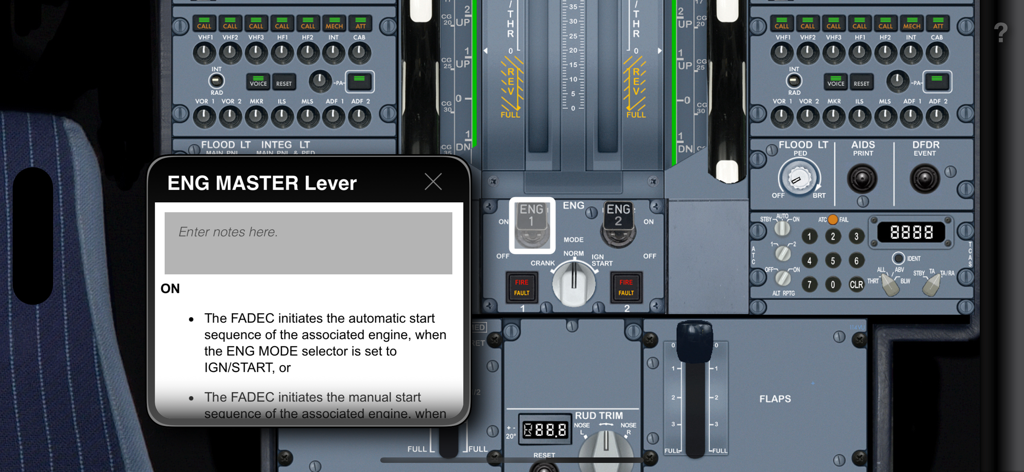 Acron A320 Cockpit Fam. - Interface montrant une explication détaillée et une section de notes pour le levier de commande moteur dans le cockpit d'un Airbus A320
