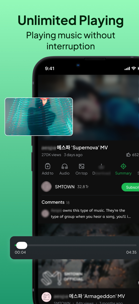 Interface de l'application Pure Tube avec une fenêtre contextuelle flottante pour la lecture de musique en multitâche.