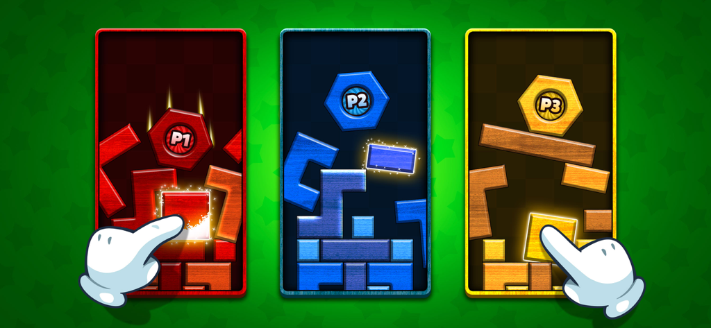 Mind Games for 2 3 4 Player - Three players competing in a local multiplayer block puzzle game on a single screen