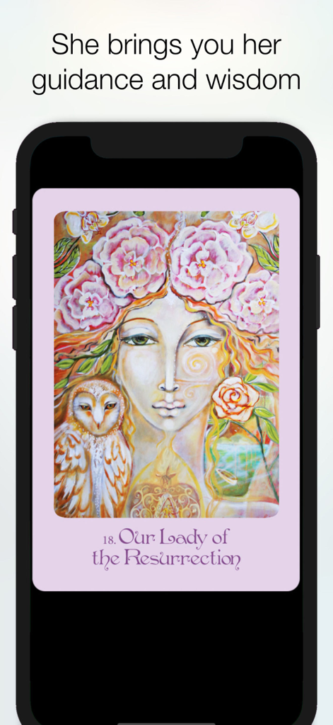 Mutter Maria Orakel App zeigt eine illustrierte Karte mit dem Titel Unsere Liebe Frau der Auferstehung mit einer Eule und Blumen