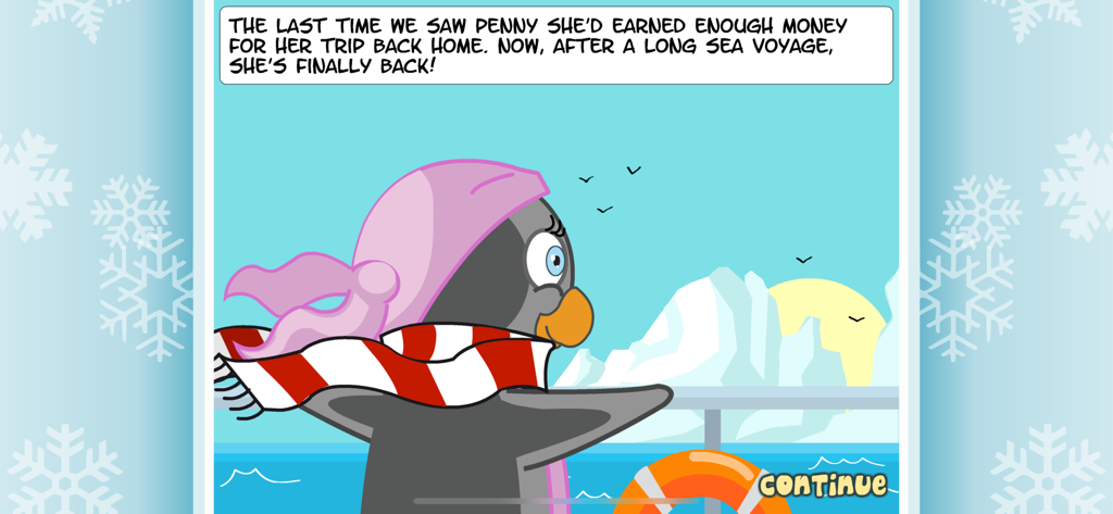 Una escena cómica de Penguin Diner 2 que muestra a Penny la pingüino regresando a la Antártida en un barco.