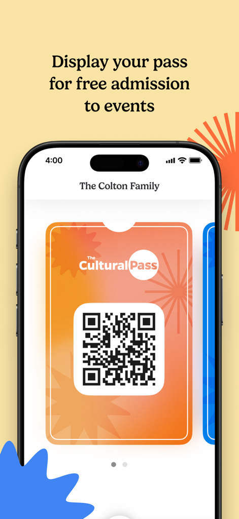 A digital QR code pass displayed on a smartphone for free admission to local cultural events.