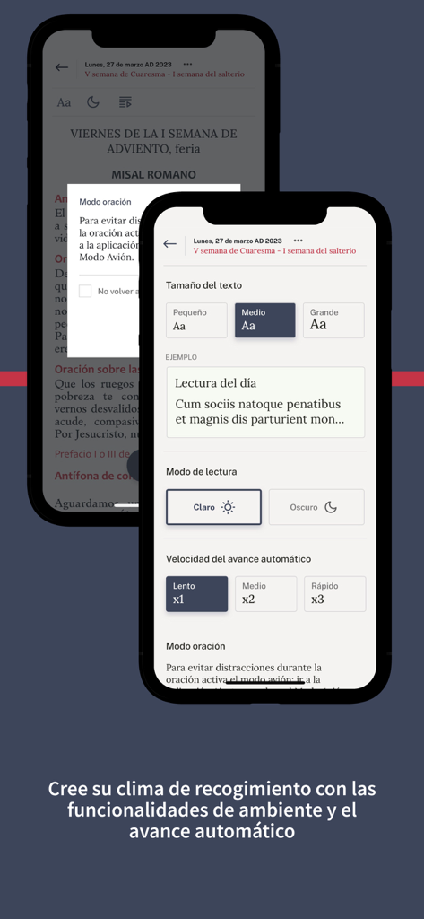 Liturgia de las Horas CEA - Pantalla de ajustes de lectura y avance automatico en la aplicacion Liturgia de las Horas CEA