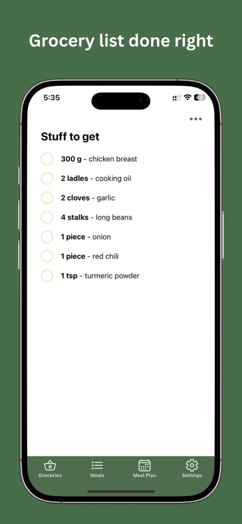 Kerisik: Recipe Manager - Kerisik app grocery shopping checklist showing ingredients with checkable circles