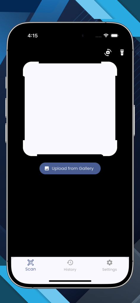 Écran de scan minimaliste de l'application QR Scanner Without ADS présentant un viseur de caméra et un bouton d'upload de galerie