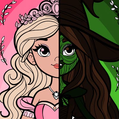 detailed realistic split of a princess and a witch