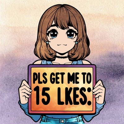 realistic girl holding up a sign that says “pls get me to 15 likes!”