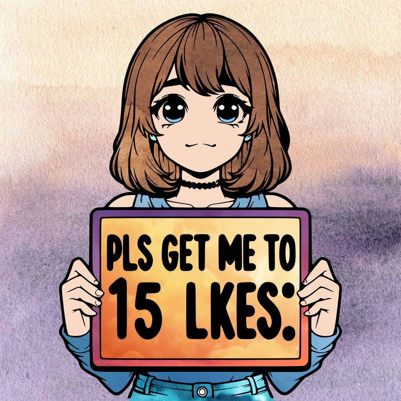 realistic girl holding up a sign that says “pls get me to 15 likes!”