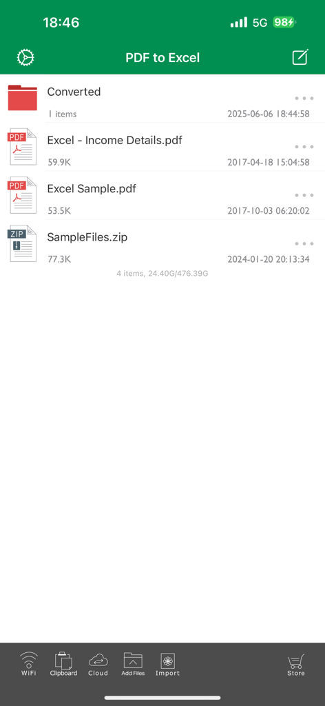 La interfaz de gestión de archivos de la aplicación PDF a Excel que muestra una lista de documentos y opciones de conversión