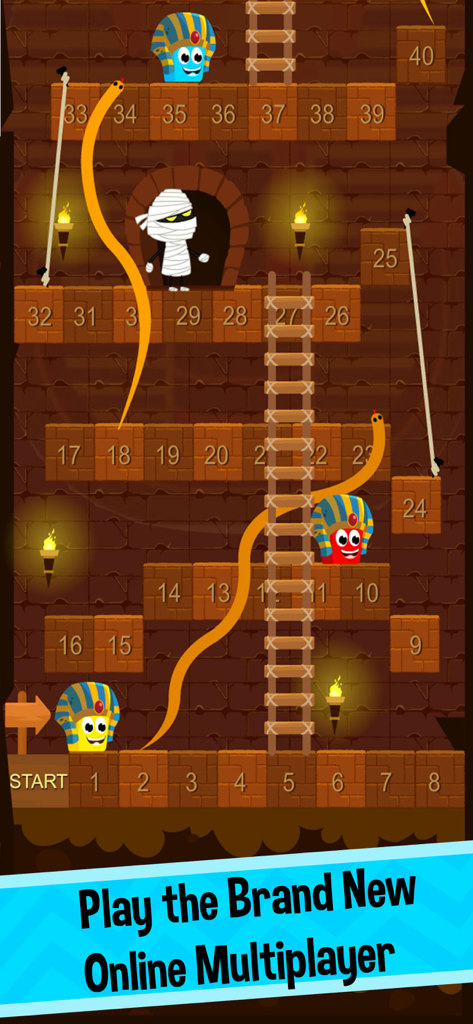 Snakes and Ladders online multiplayer gameplay featuring an Egyptian themed platformer board.