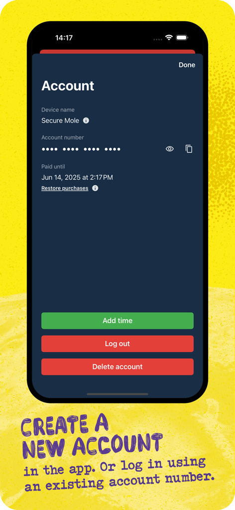 Mullvad VPN-Konto-Bildschirm mit anonymem Konto-Nummer und Abonnement-Status