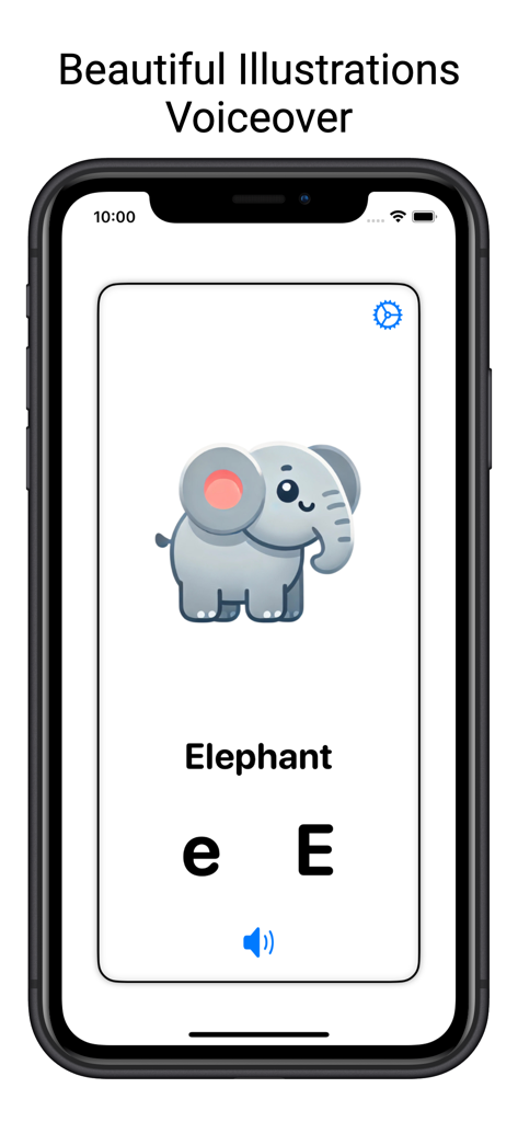 Alphabet Flash Cards for kids - Cartão de alfabeto mostrando um elefante de desenho animado para a letra E com botão de narração de áudio