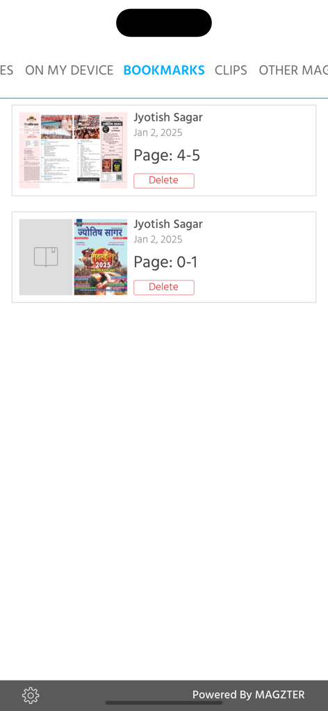 Jyotish Sagar - Bookmark management screen in the Jyotish Sagar Hindi magazine app showing saved pages and articles