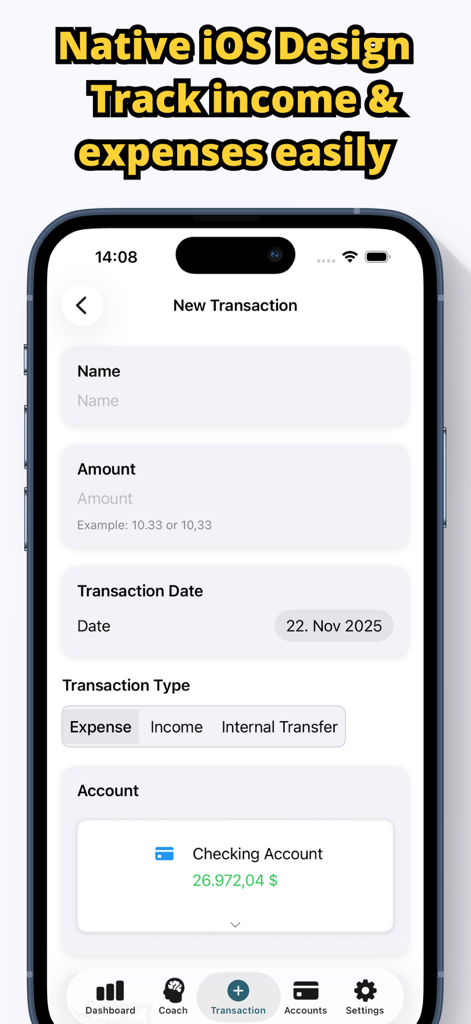 Cash Book: Cash Counter - Una interfaz móvil para agregar una nueva transacción de ingresos o gastos, incluyendo importe, fecha y detalles de la cuenta.